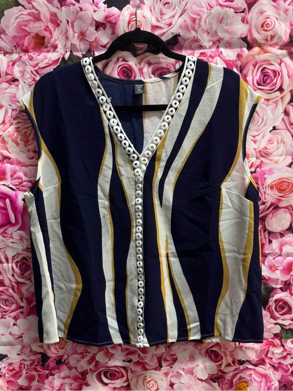 SHEIN Navy, Ivory & Mustard Striped V-Neck Sleeveless Top with Eyelet Trim